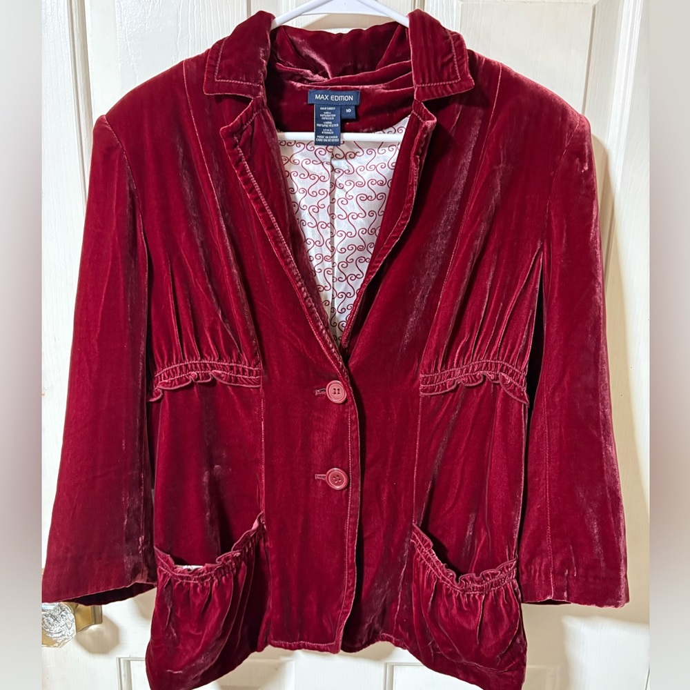 VTG Red Velvet Victorian Blazer Jacket Women's 10 Ruffled Peplum Maroon Regency